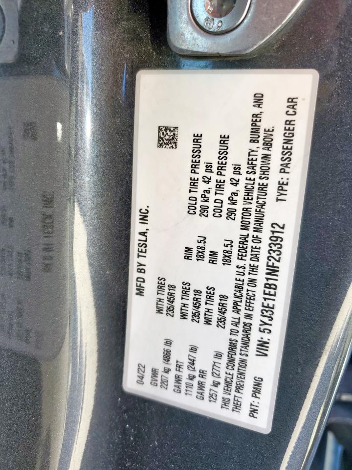 2022 Tesla Model 3 VIN: 5YJ3E1EB1NF233912 Lot: 92195565