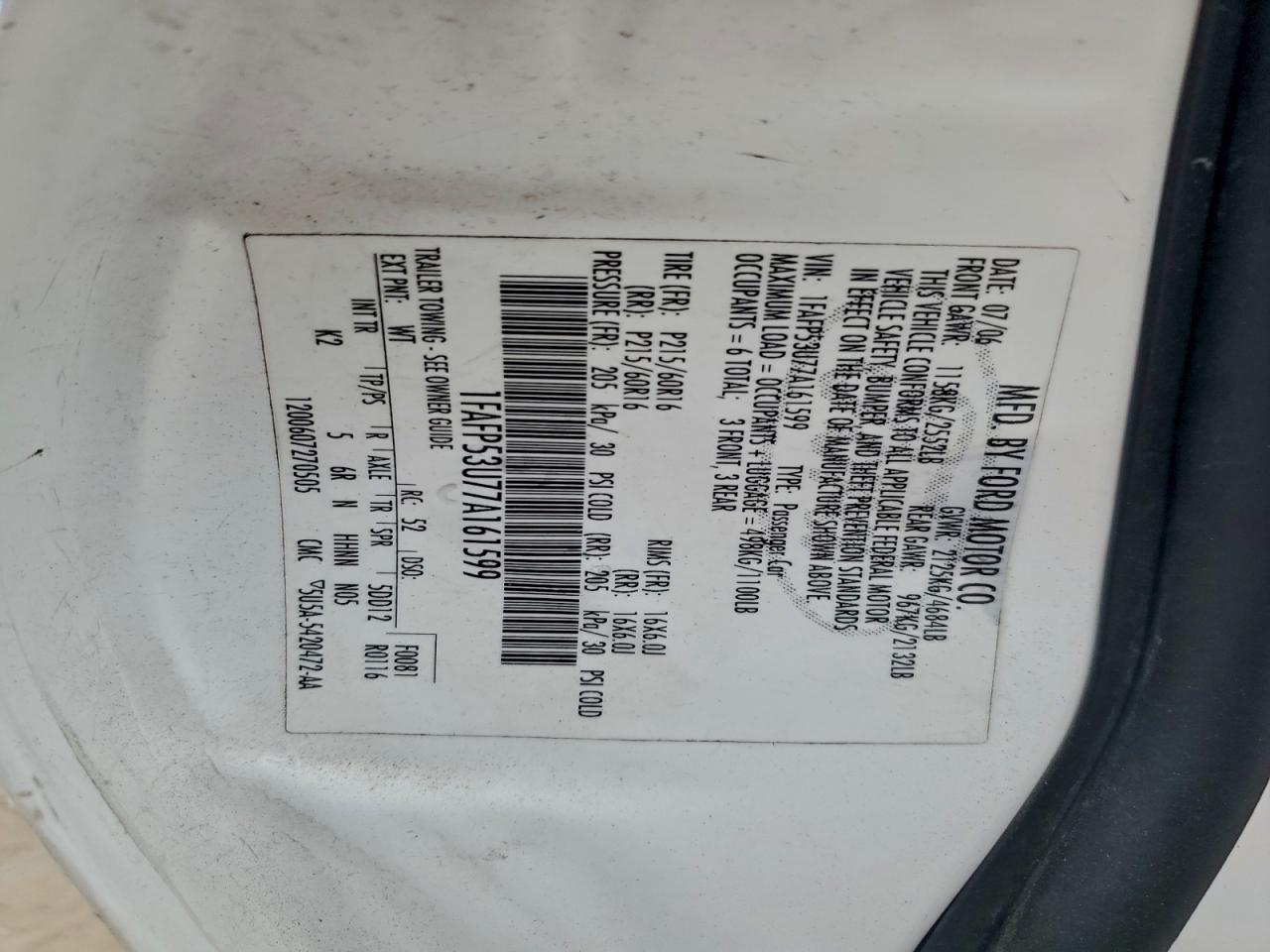 2007 Ford Taurus Se VIN: 1FAFP53U77A161599 Lot: 93744865