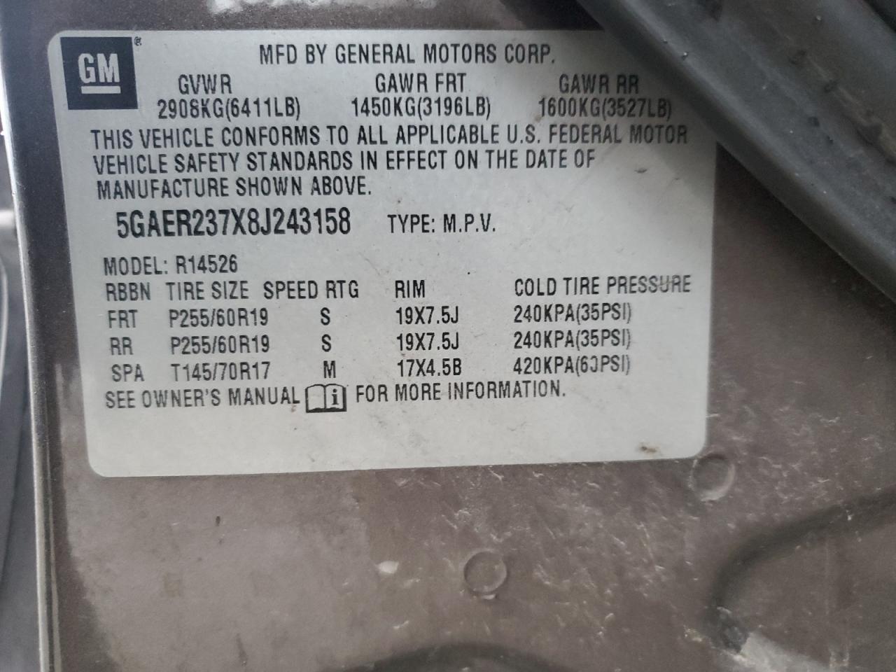 2008 Buick Enclave Cxl VIN: 5GAER237X8J243158 Lot: 92902895