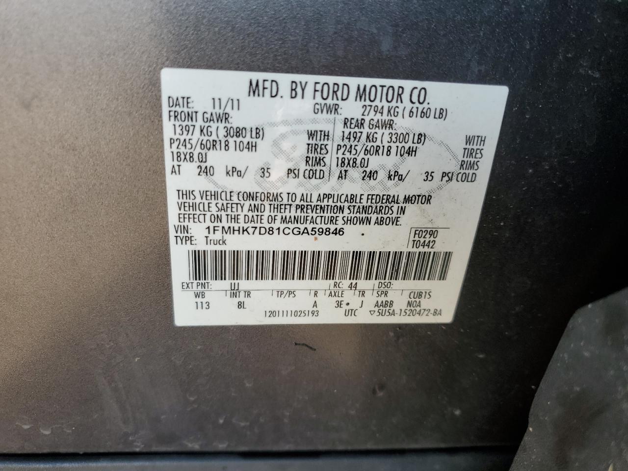 2012 Ford Explorer Xlt VIN: 1FMHK7D81CGA59846 Lot: 92049665