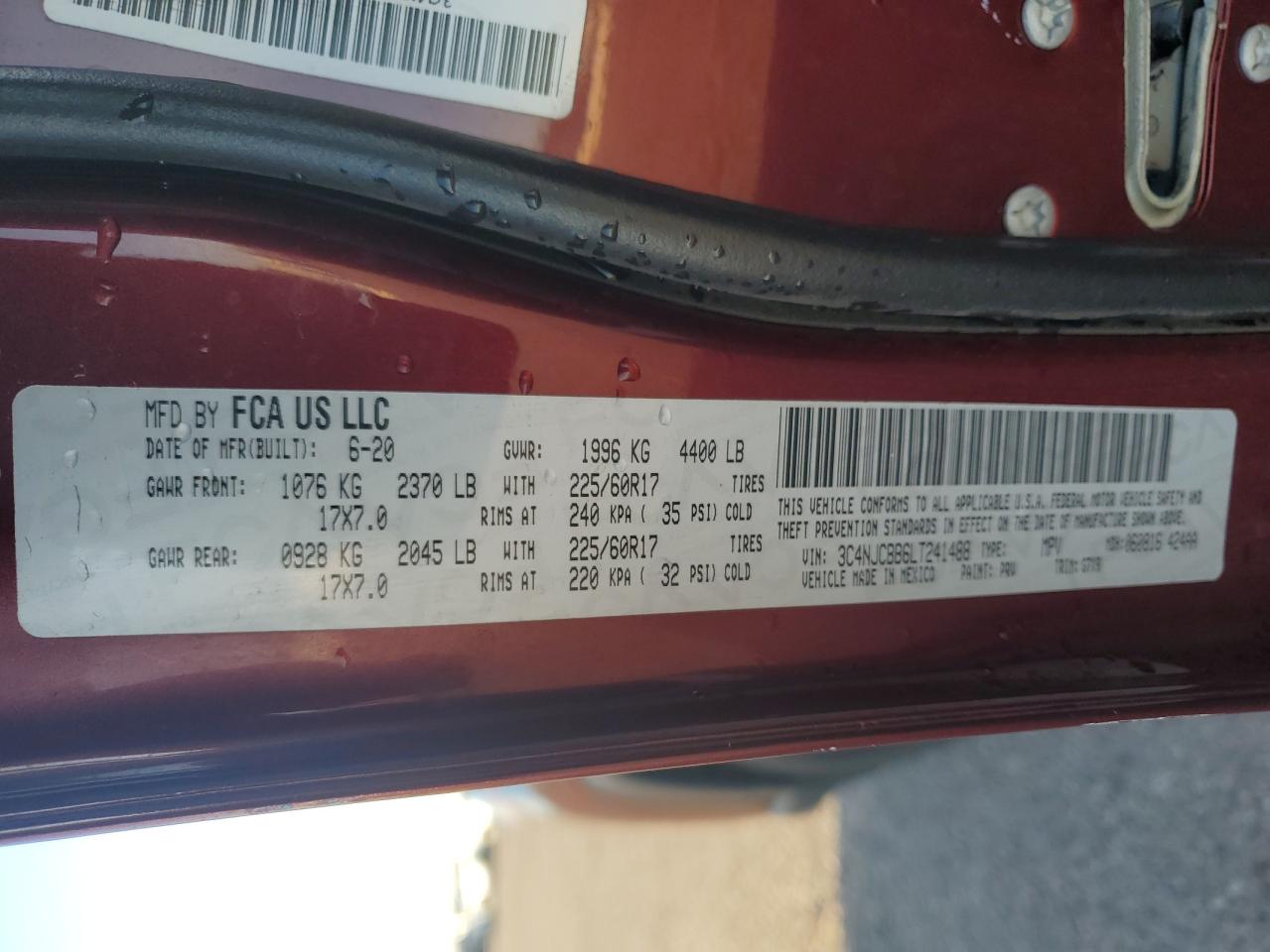 2020 Jeep Compass Latitude VIN: 3C4NJCBB6LT241488 Lot: 91279025