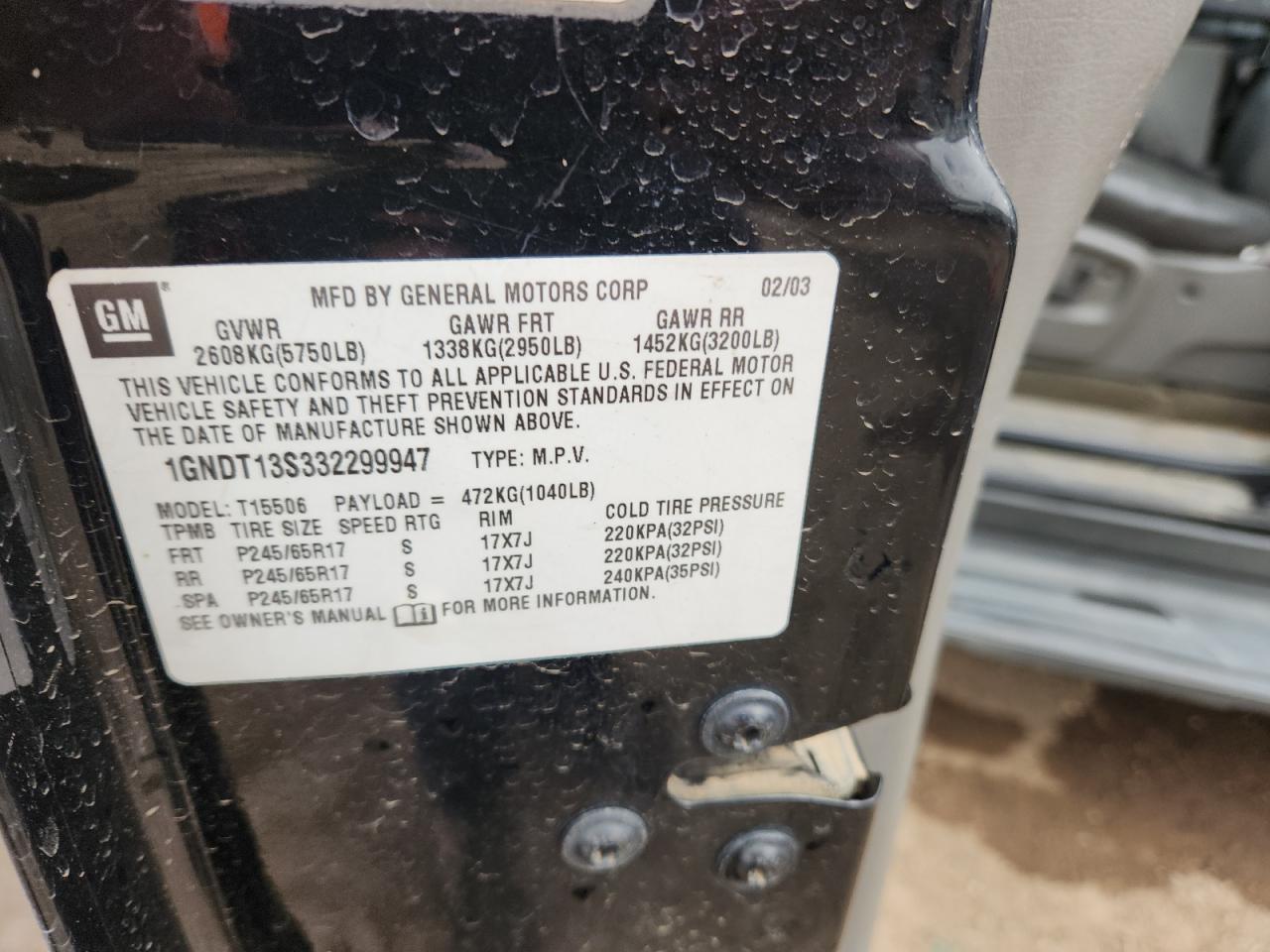 2003 Chevrolet Trailblazer VIN: 1GNDT13S332299947 Lot: 93297295