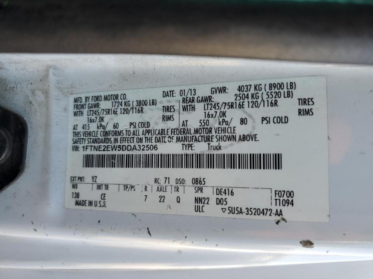 2013 Ford E250 Delivery Van VIN: 1FTNE2EW5DDA32506 Lot: 90271185