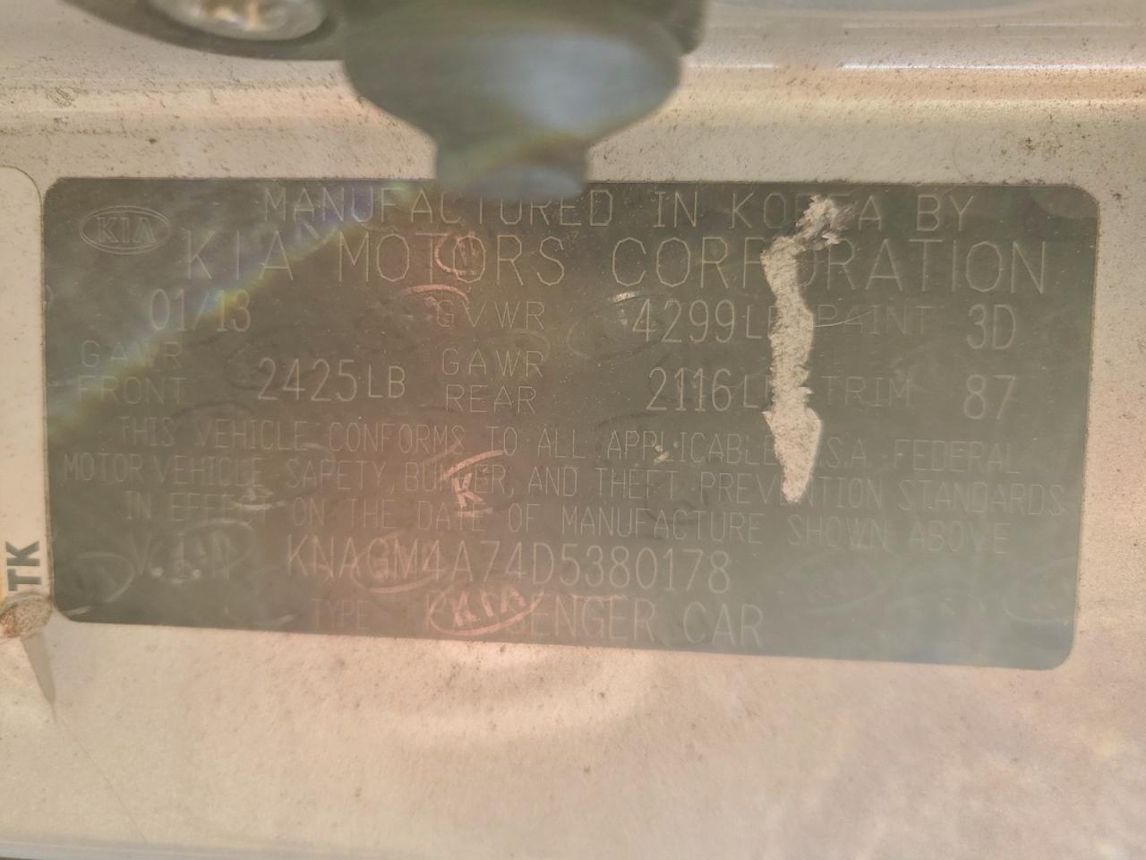 2013 Kia Optima Lx VIN: KNAGM4A74D5380178 Lot: 94287575