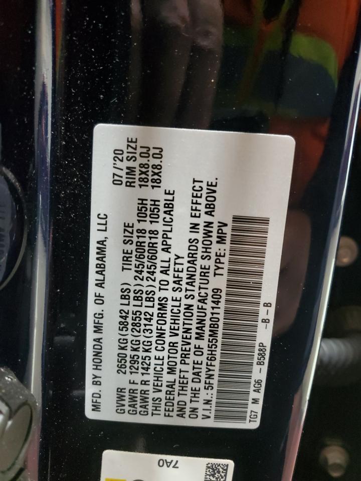 2021 Honda Pilot Exl VIN: 5FNYF6H55MB011409 Lot: 92853315