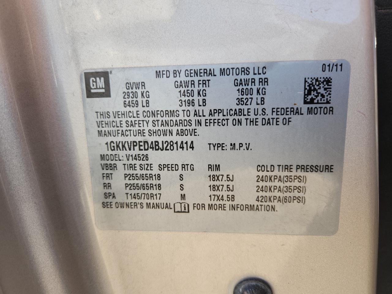 2011 GMC Acadia Sle VIN: 1GKKVPED4BJ281414 Lot: 92481775