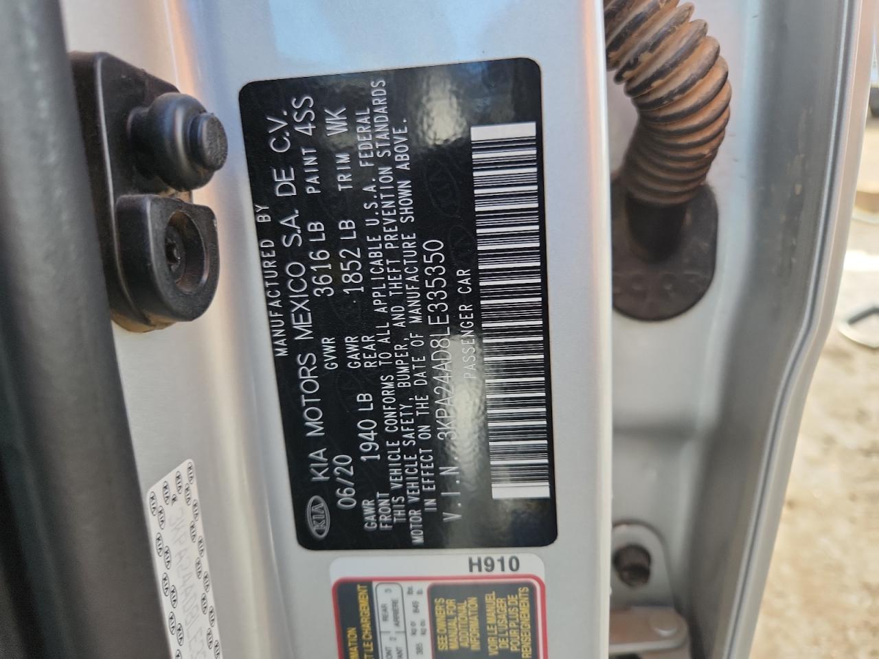 2020 Kia Rio Lx VIN: 3KPA24AD8LE335350 Lot: 92729005