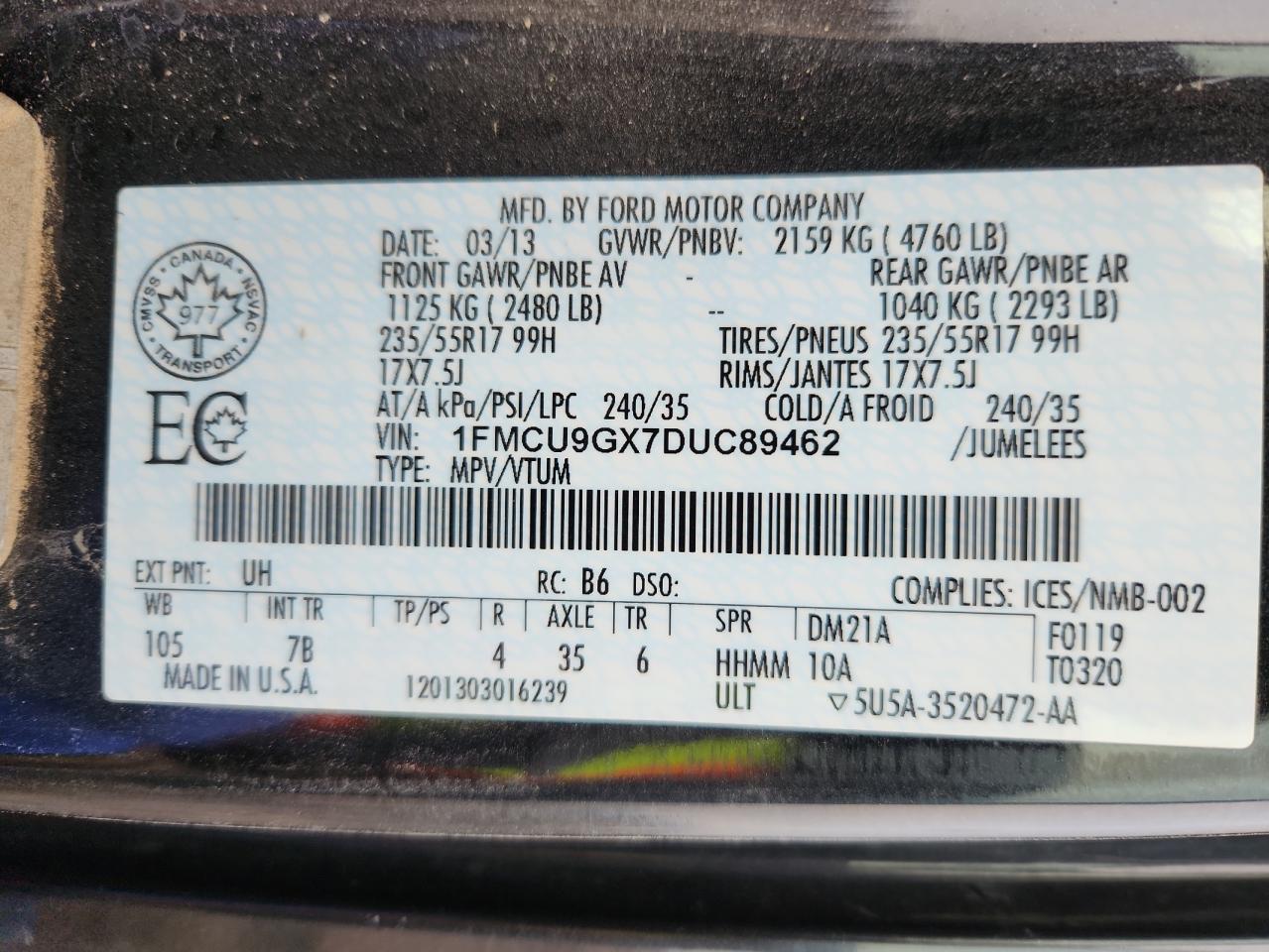 2013 Ford Escape Se VIN: 1FMCU9GX7DUC89462 Lot: 92221515