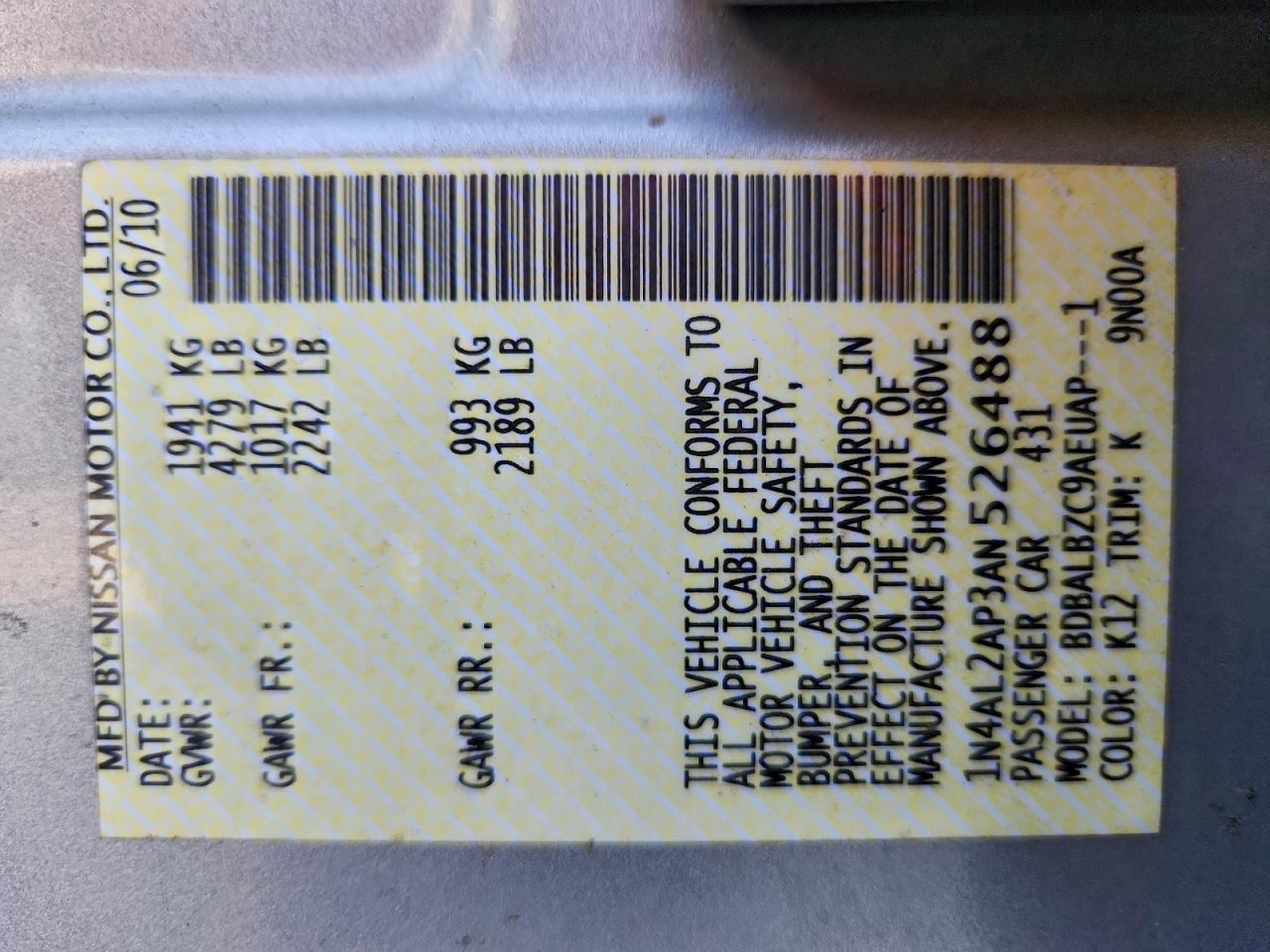 2010 Nissan Altima Base VIN: 1N4AL2AP3AN526488 Lot: 94593595