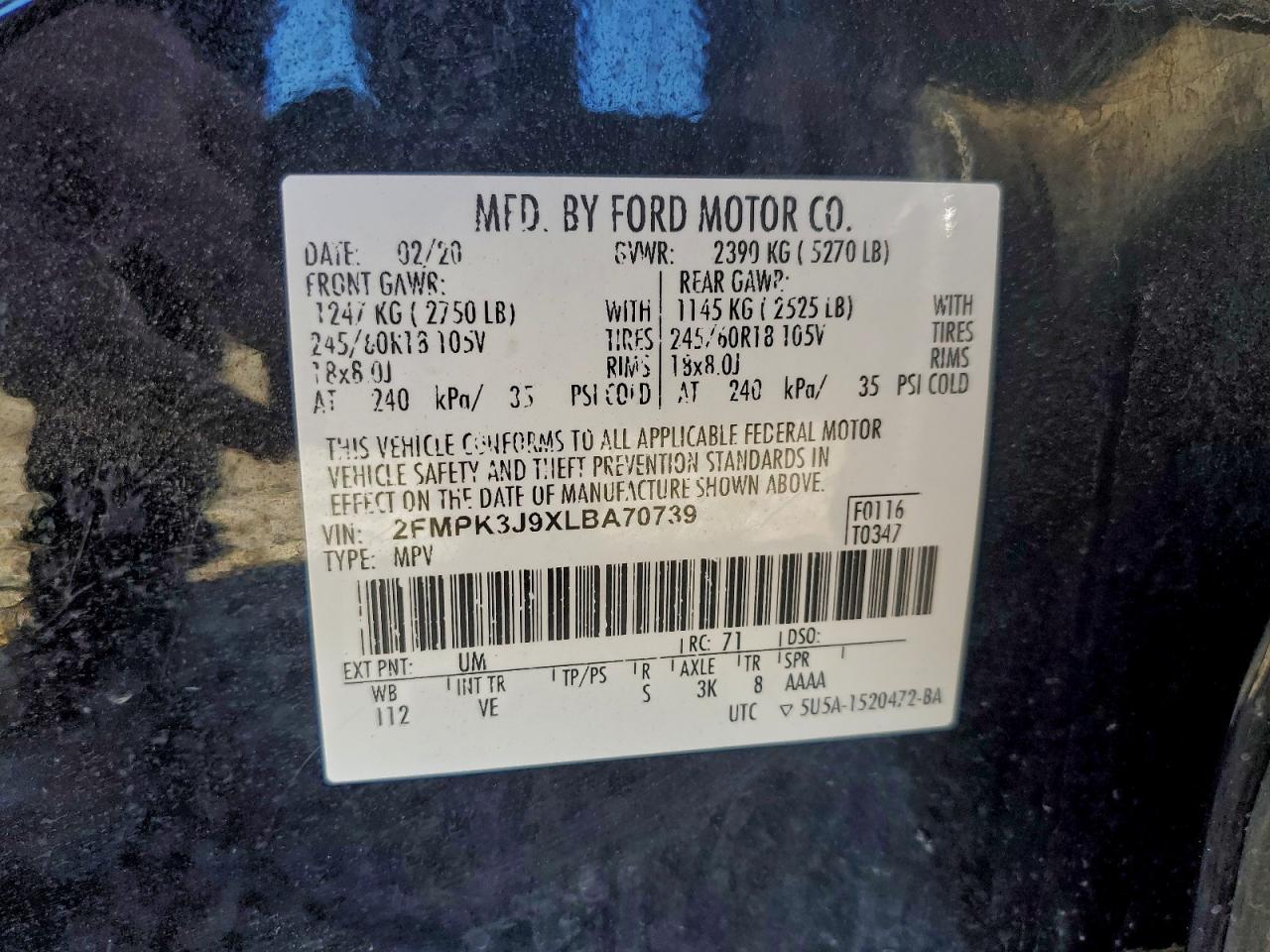 2020 Ford Edge Sel VIN: 2FMPK3J9XLBA70739 Lot: 94168775