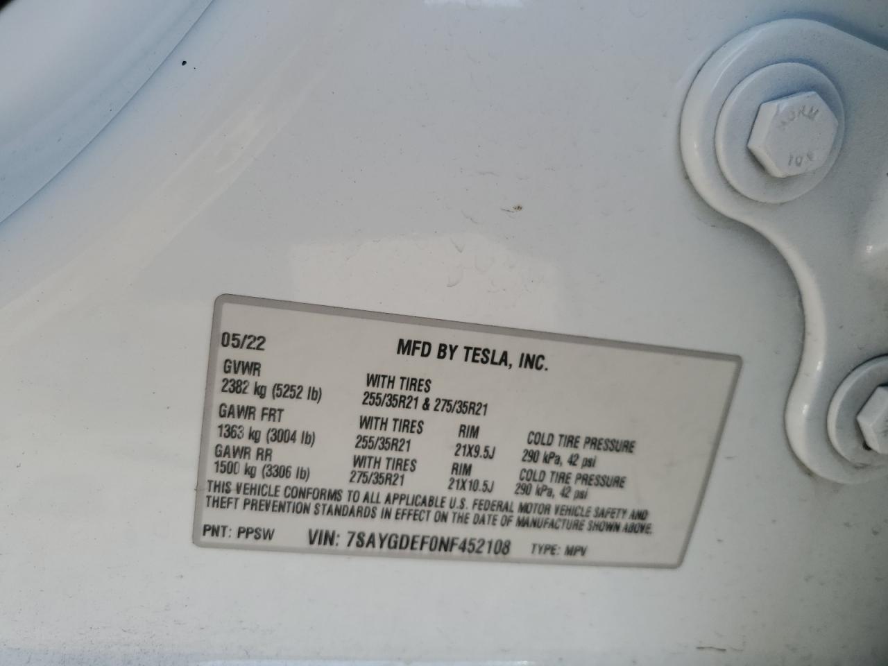 2022 Tesla Model Y VIN: 7SAYGDEF0NF452108 Lot: 91508485