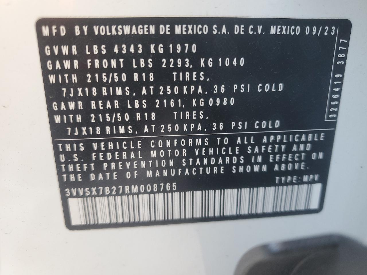 2024 Volkswagen Taos Se VIN: 3VVSX7B27RM008765 Lot: 93111035