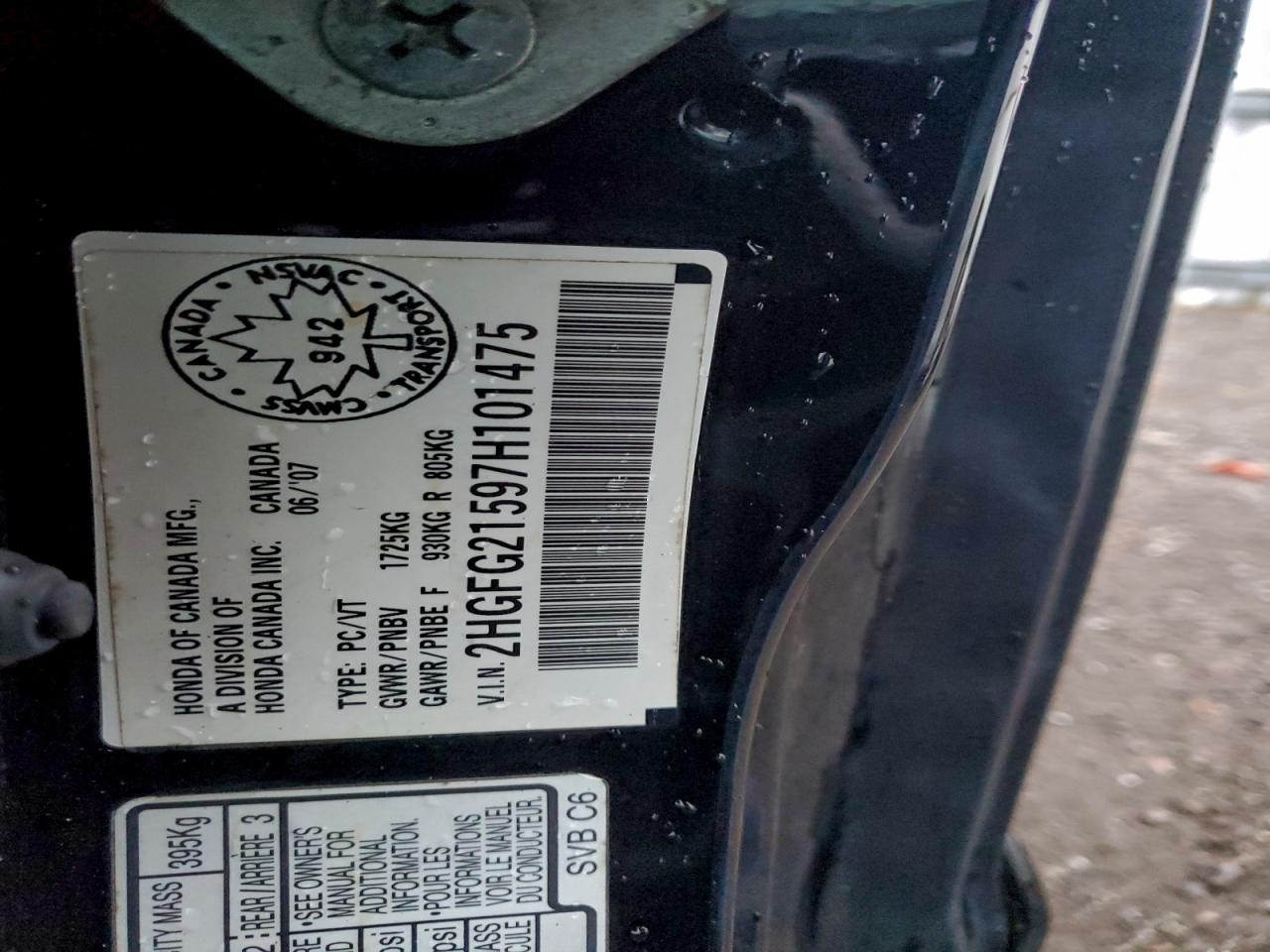 2007 Honda Civic Si VIN: 2HGFG21597H101475 Lot: 93816585