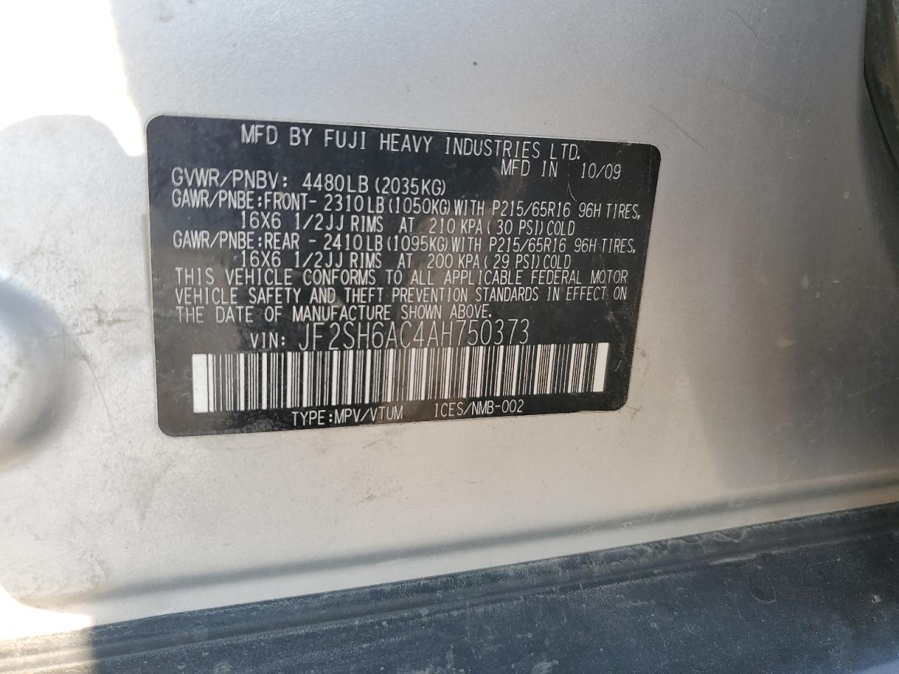 2010 Subaru Forester 2.5X VIN: JF2SH6AC4AH750373 Lot: 92608975