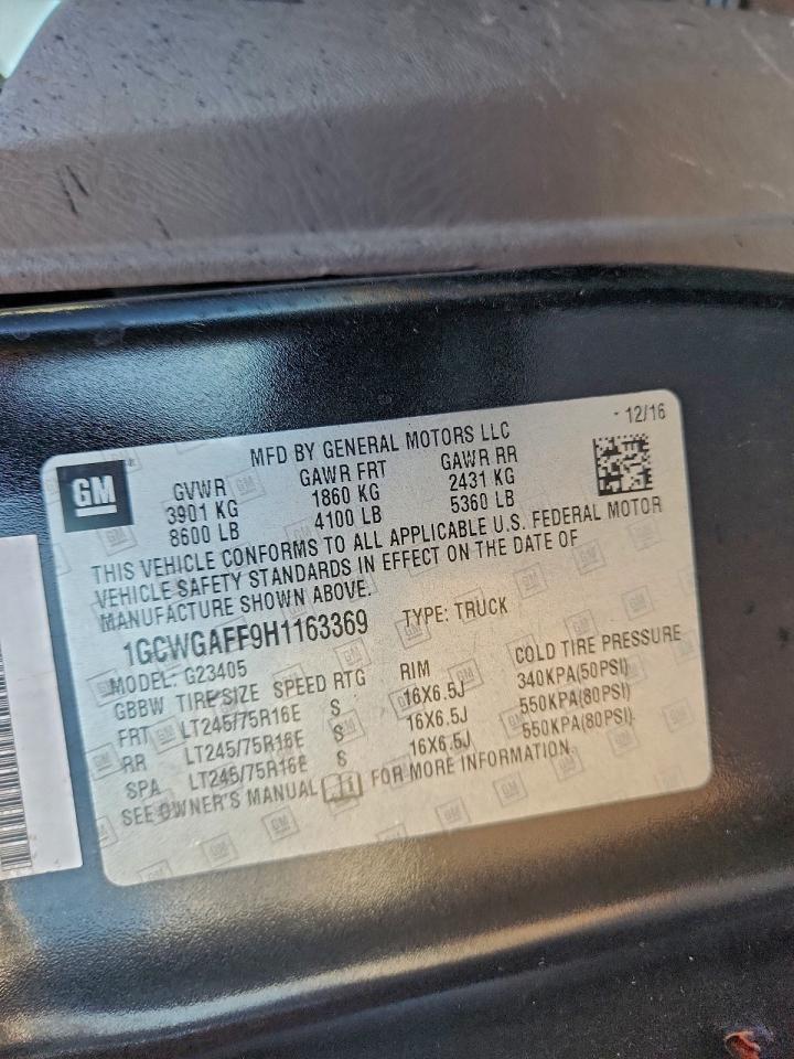 2017 Chevrolet Express G2500 VIN: 1GCWGAFF9H1163369 Lot: 94086035