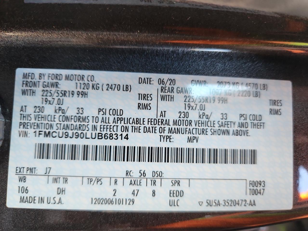 2020 Ford Escape Titanium VIN: 1FMCU9J90LUB68314 Lot: 93551385