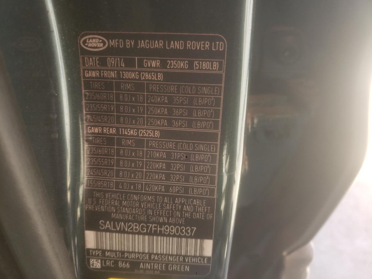 2015 Land Rover Range Rover Evoque Pure VIN: SALVN2BG7FH990337 Lot: 91255585