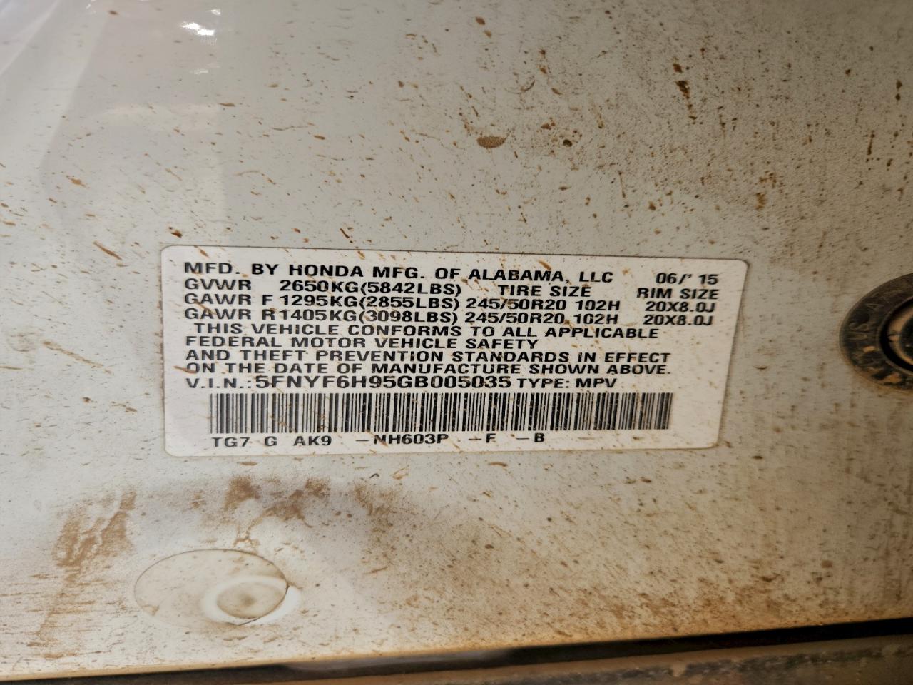 2016 Honda Pilot Touring VIN: 5FNYF6H95GB005035 Lot: 94071085