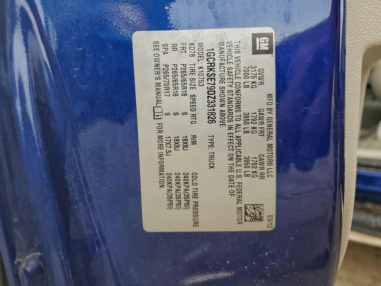 2013 Chevrolet Silverado K1500 Lt VIN: 1GCRKSE79DZ331826 Lot: 94281675