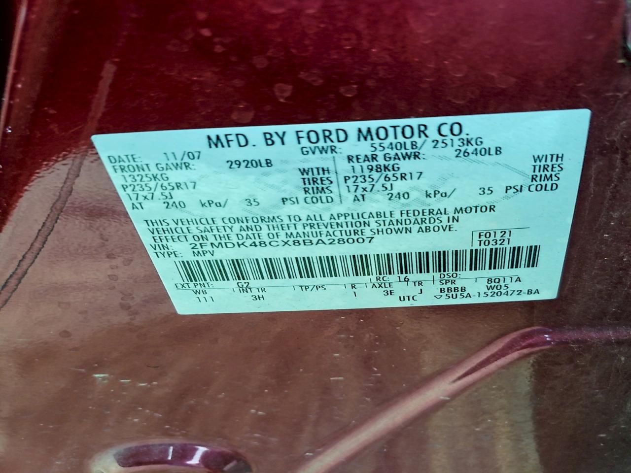 2008 Ford Edge Sel VIN: 2FMDK48CX8BA28007 Lot: 94099275