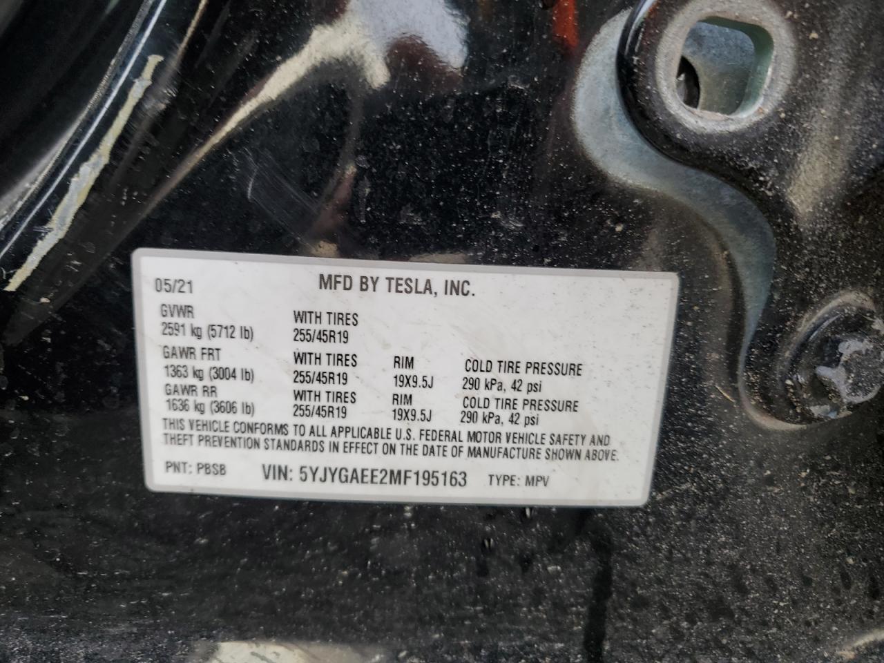 2021 Tesla Model Y VIN: 5YJYGAEE2MF195163 Lot: 91430845