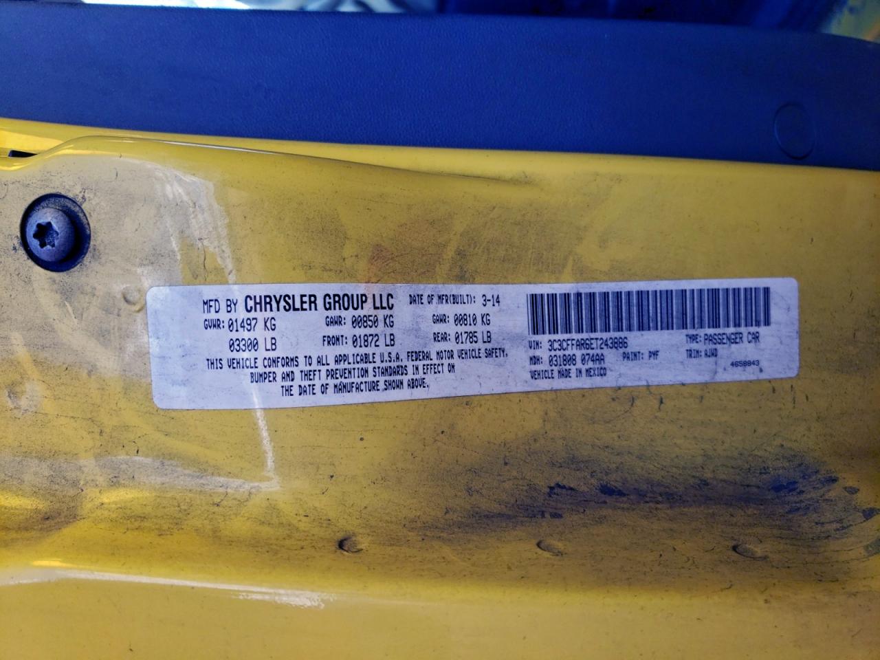 2014 Fiat 500 Pop VIN: 3C3CFFAR6ET243886 Lot: 93946805