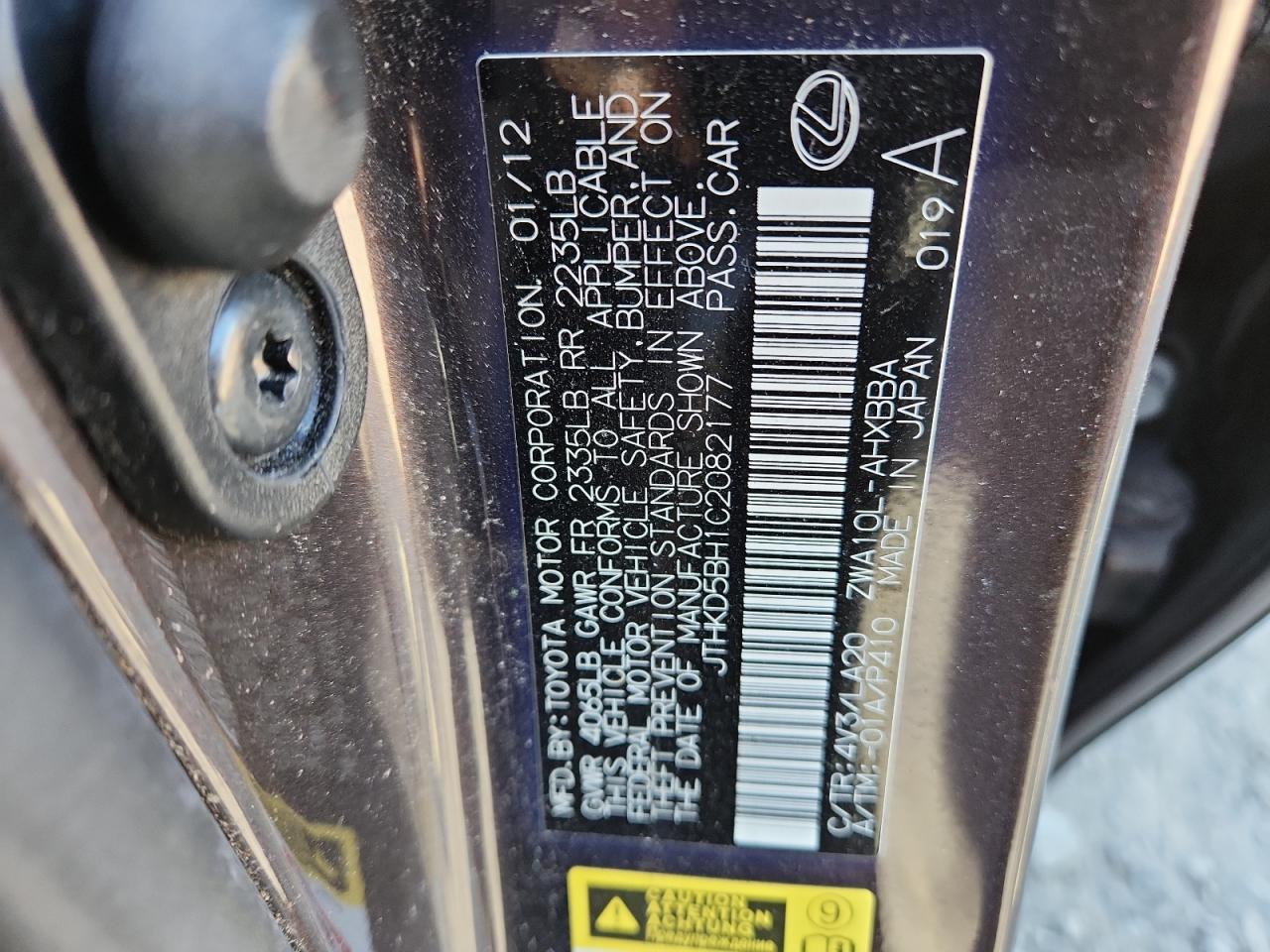 2012 Lexus Ct 200 VIN: JTHKD5BH1C2082177 Lot: 92126425