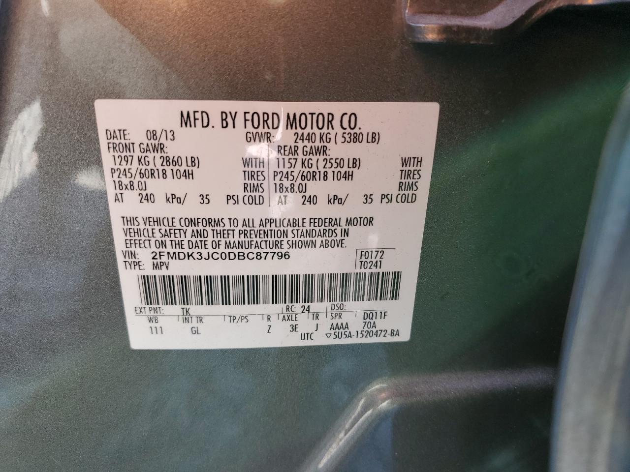 2013 Ford Edge Sel VIN: 2FMDK3JC0DBC87796 Lot: 93466425