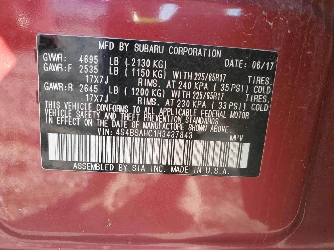 2017 Subaru Outback 2.5I Premium VIN: 4S4BSAHC1H3437843 Lot: 90975915