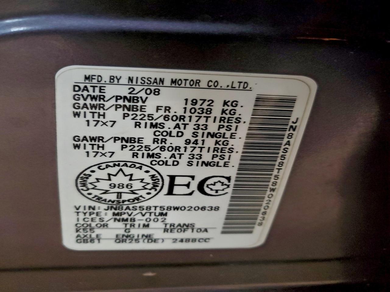 2008 Nissan Rogue S VIN: JN8AS58T58W020638 Lot: 93824565