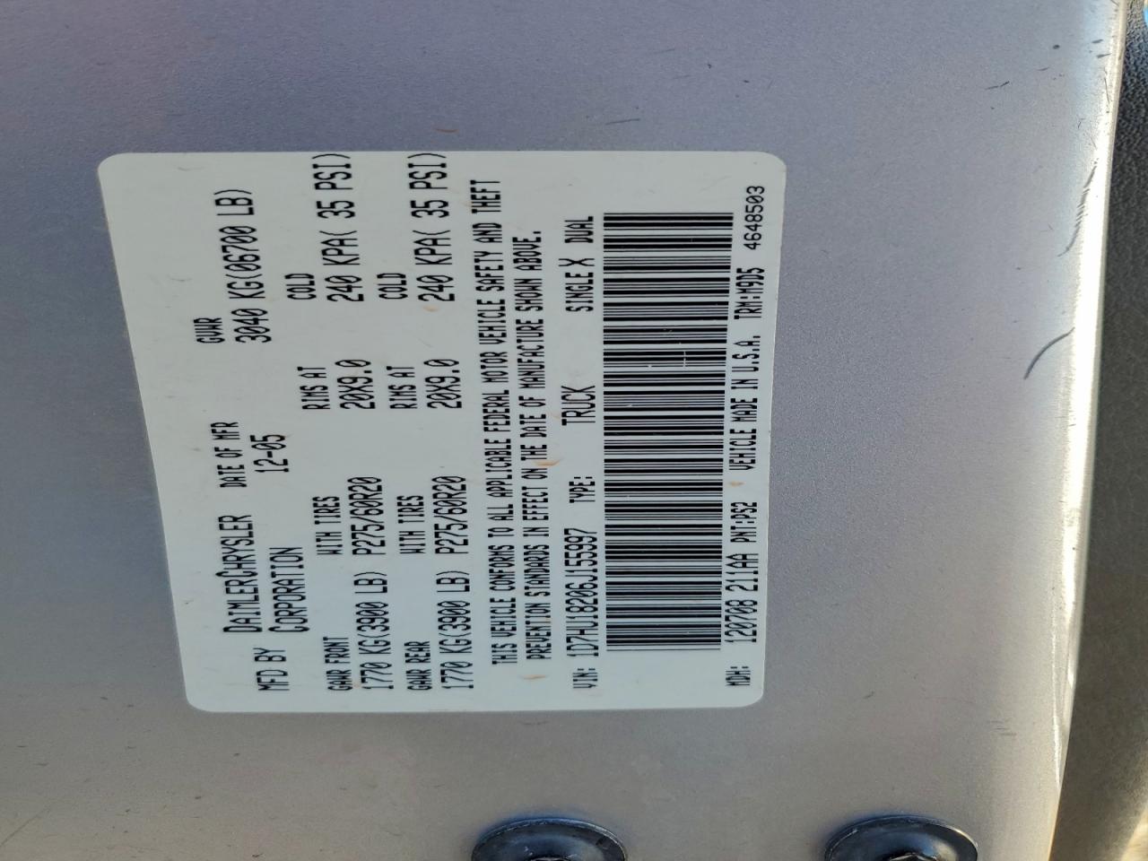 2006 Dodge Ram 1500 St VIN: 1D7HU18206J155997 Lot: 93975615