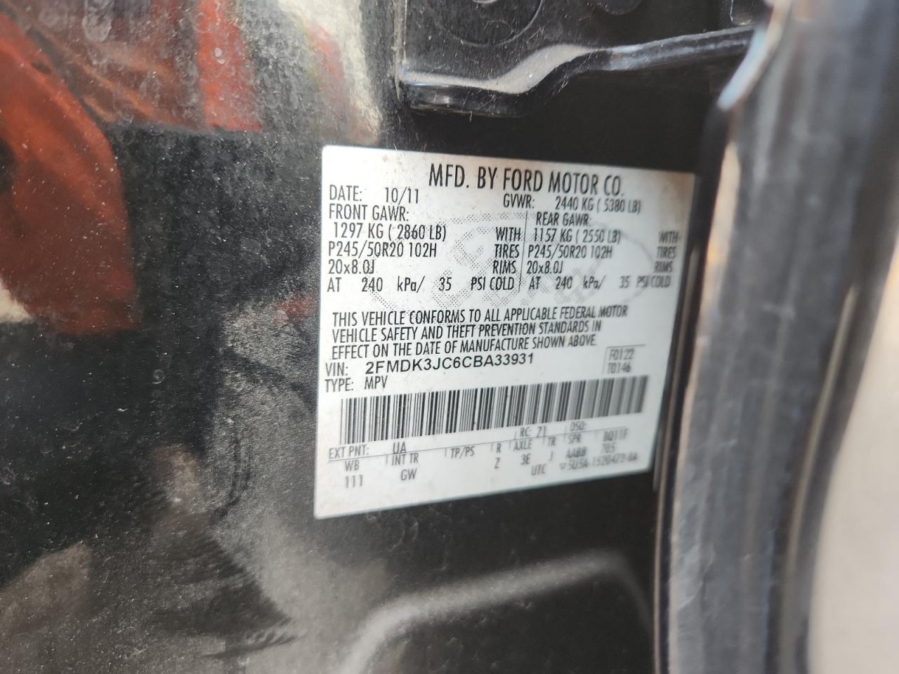 2012 Ford Edge Sel VIN: 2FMDK3JC6CBA33931 Lot: 93087515