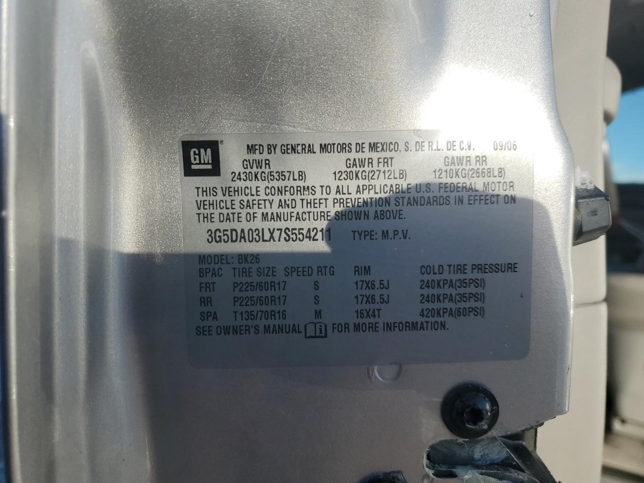 2007 Buick Rendezvous Cx VIN: 3G5DA03LX7S554211 Lot: 91989525