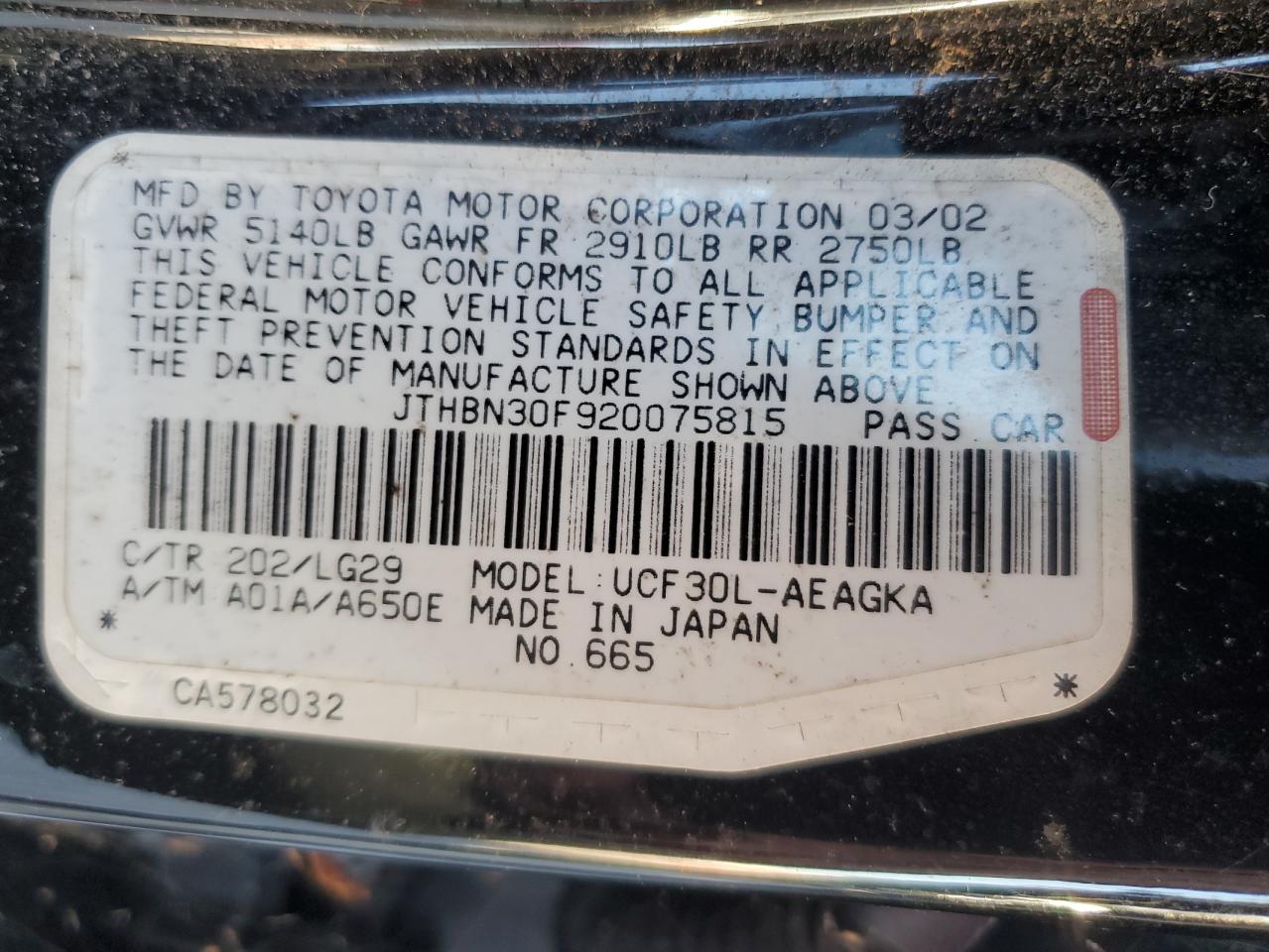 2002 Lexus Ls 430 VIN: JTHBN30F920075815 Lot: 90809935