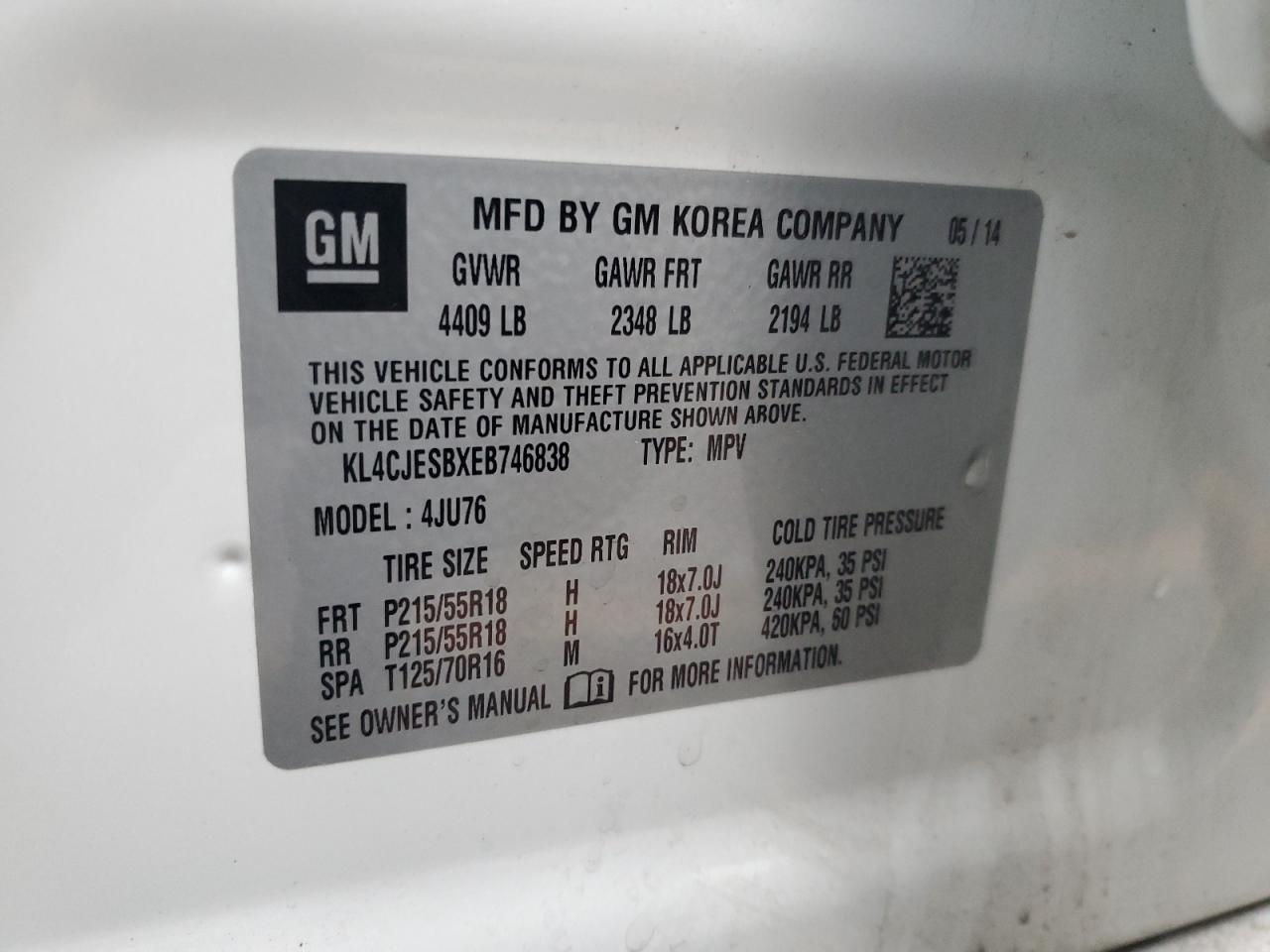 2014 Buick Encore VIN: KL4CJESBXEB746838 Lot: 92727965