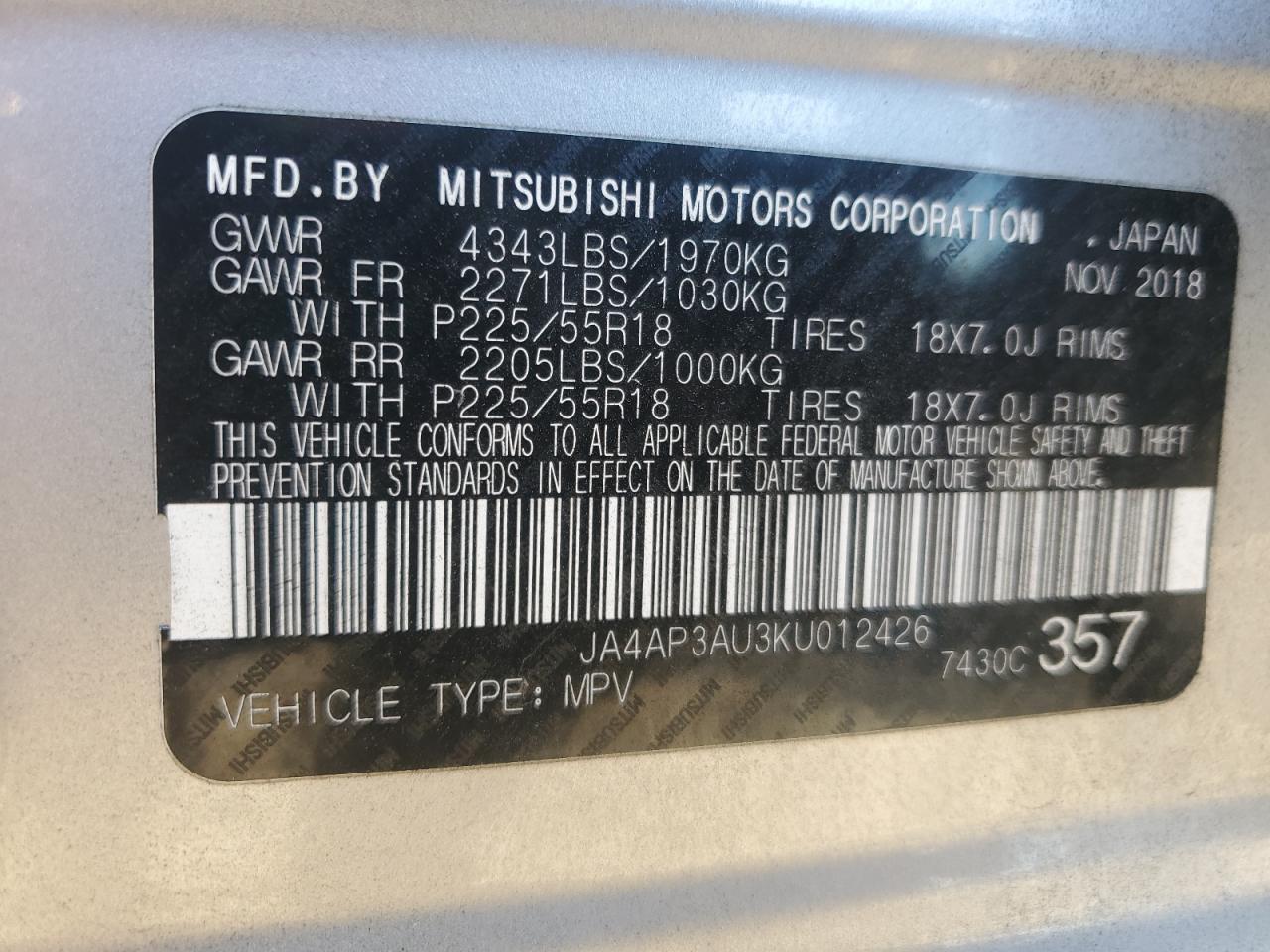 2019 Mitsubishi Outlander Sport Es VIN: JA4AP3AU3KU012426 Lot: 90144895