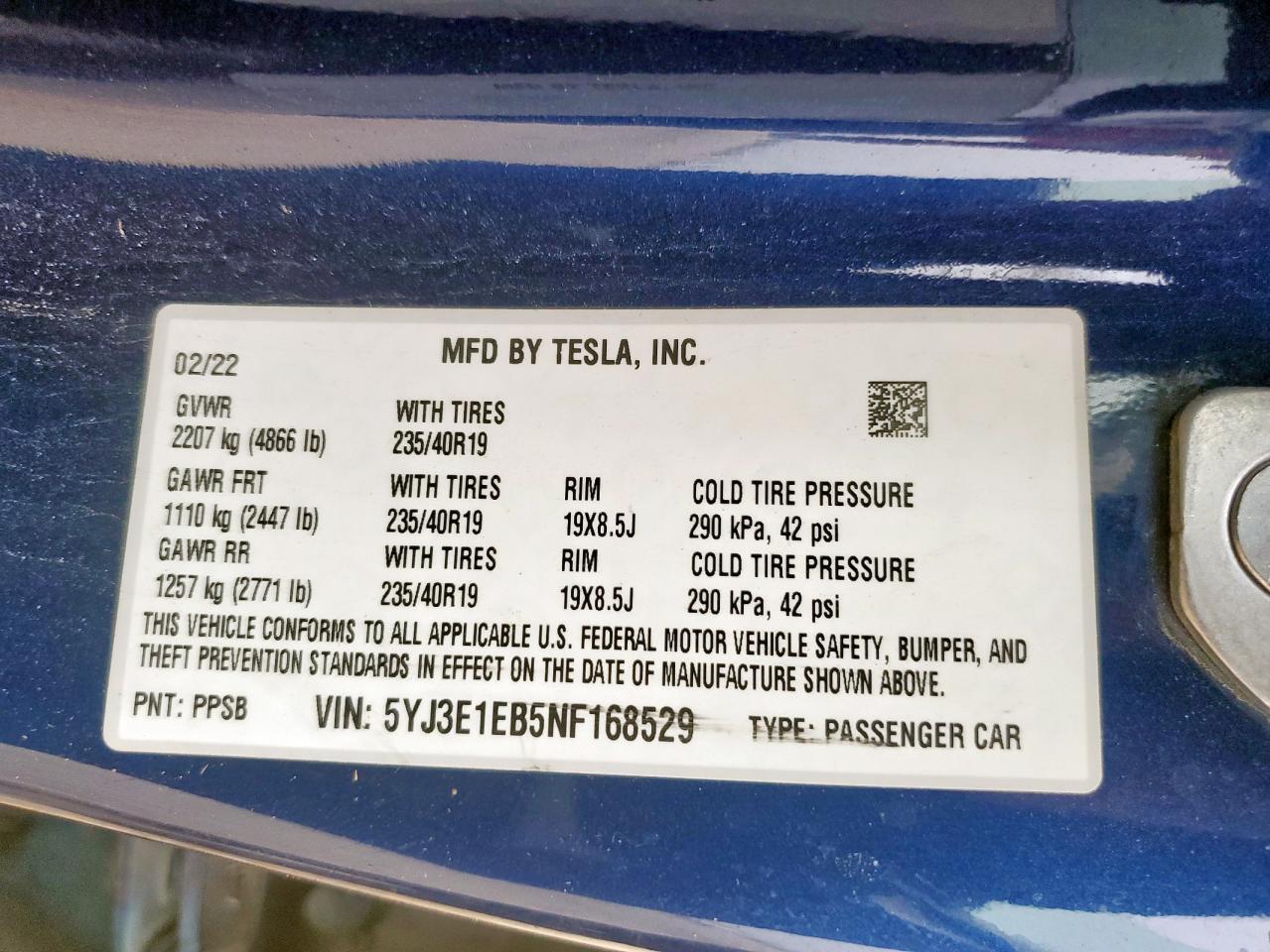 2022 Tesla Model 3 VIN: 5YJ3E1EB5NF168529 Lot: 93508235