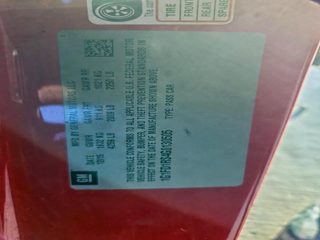 2016 Chevrolet Camaro Lt VIN: 1G1FD1RS4G0130505 Lot: 93971255