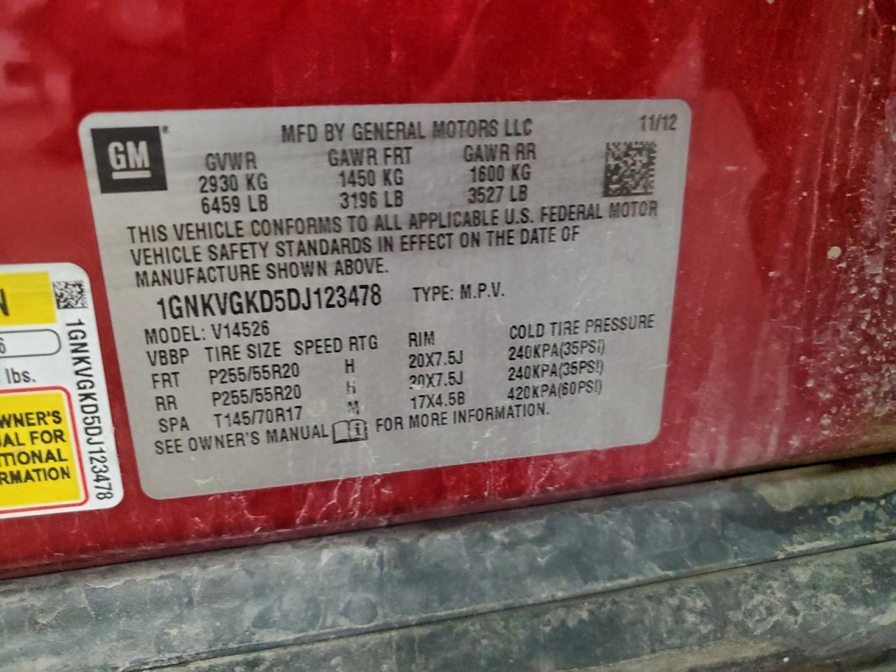 2013 Chevrolet Traverse Lt VIN: 1GNKVGKD5DJ123478 Lot: 93495505