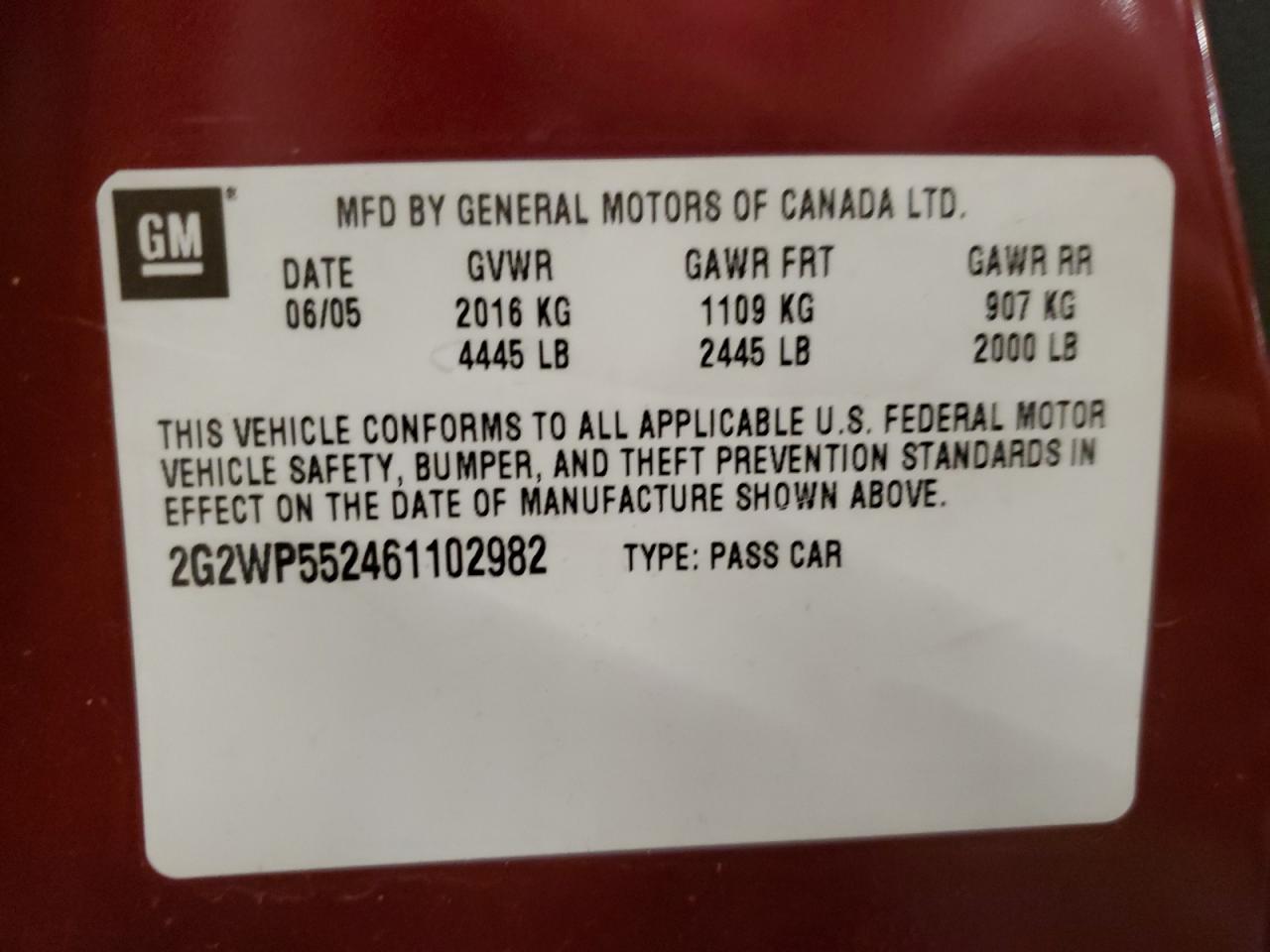 2006 Pontiac Grand Prix VIN: 2G2WP552461102982 Lot: 91933305