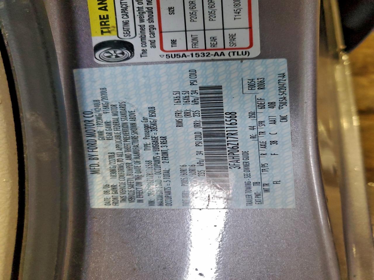 2007 Ford Fusion S VIN: 3FAHP06Z17R116568 Lot: 94359385