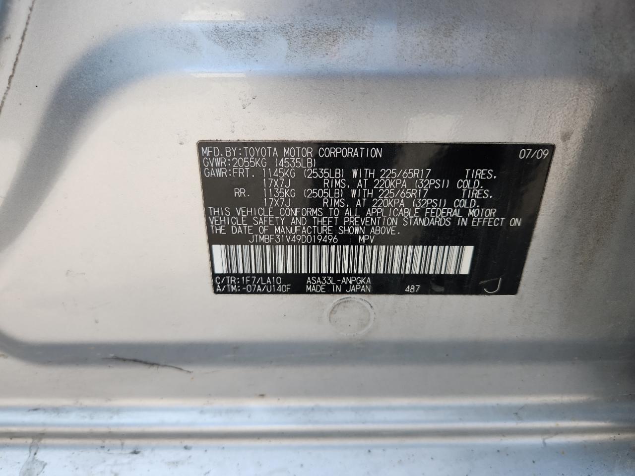 2009 Toyota Rav4 Limited VIN: JTMBF31V49D019496 Lot: 92650015