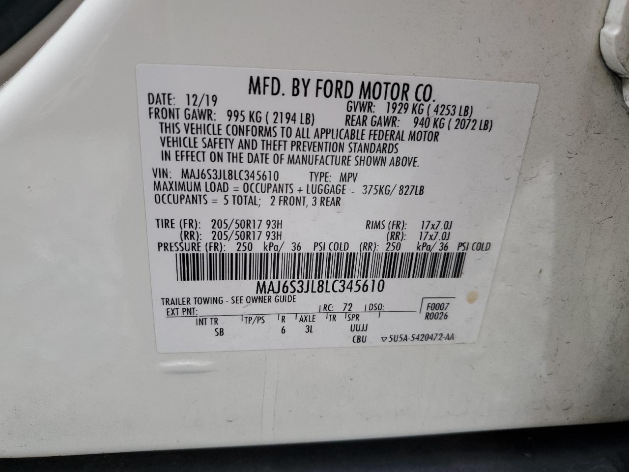 2020 Ford Ecosport Ses VIN: MAJ6S3JL8LC345610 Lot: 90455325