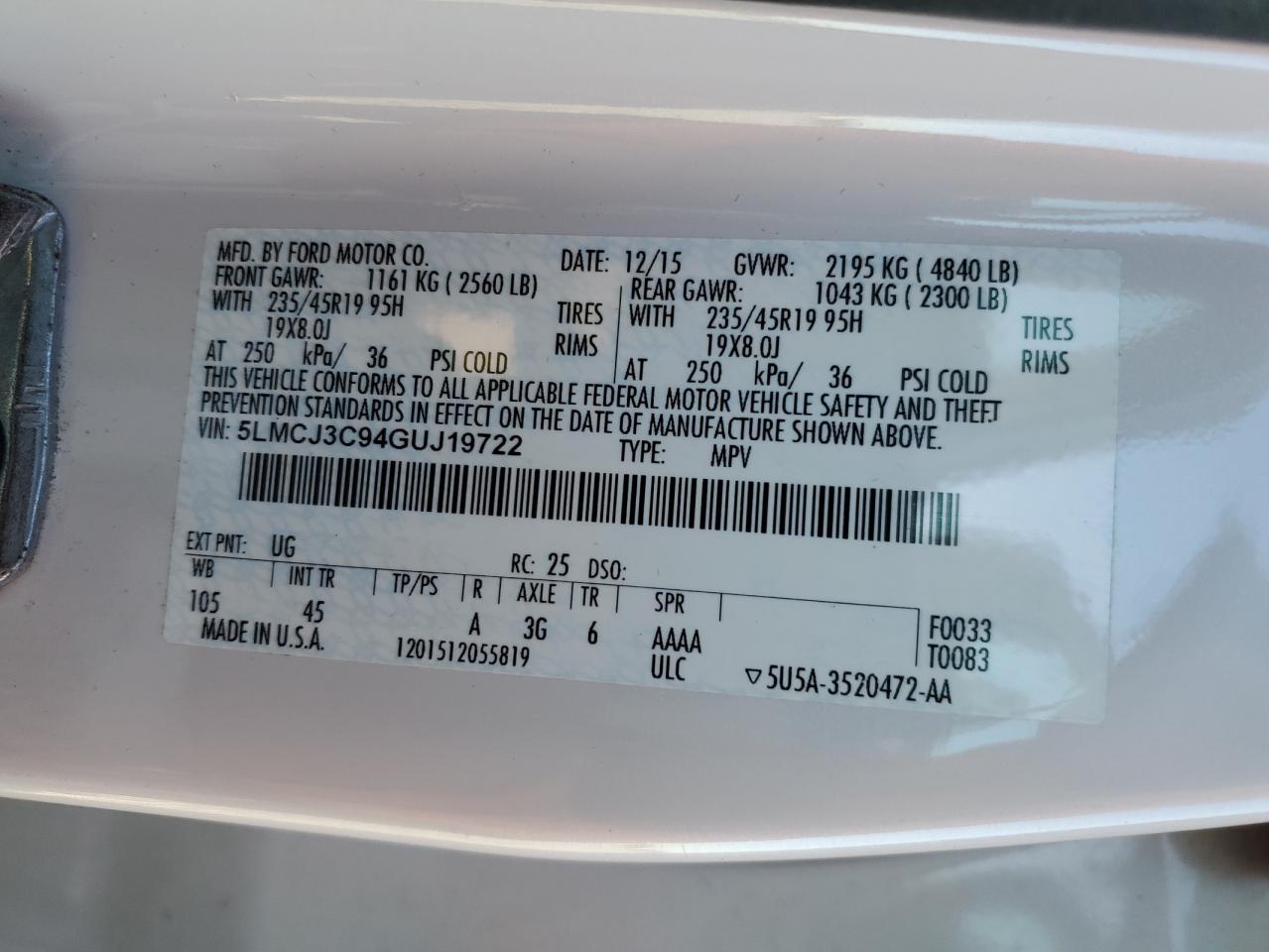 2016 Lincoln Mkc Reserve VIN: 5LMCJ3C94GUJ19722 Lot: 93823685