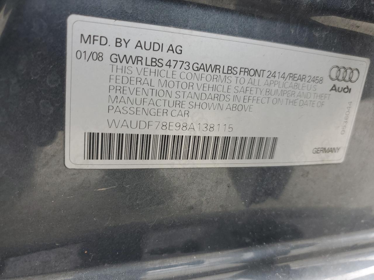 2008 Audi A4 2.0T Quattro VIN: WAUDF78E98A138115 Lot: 93748935