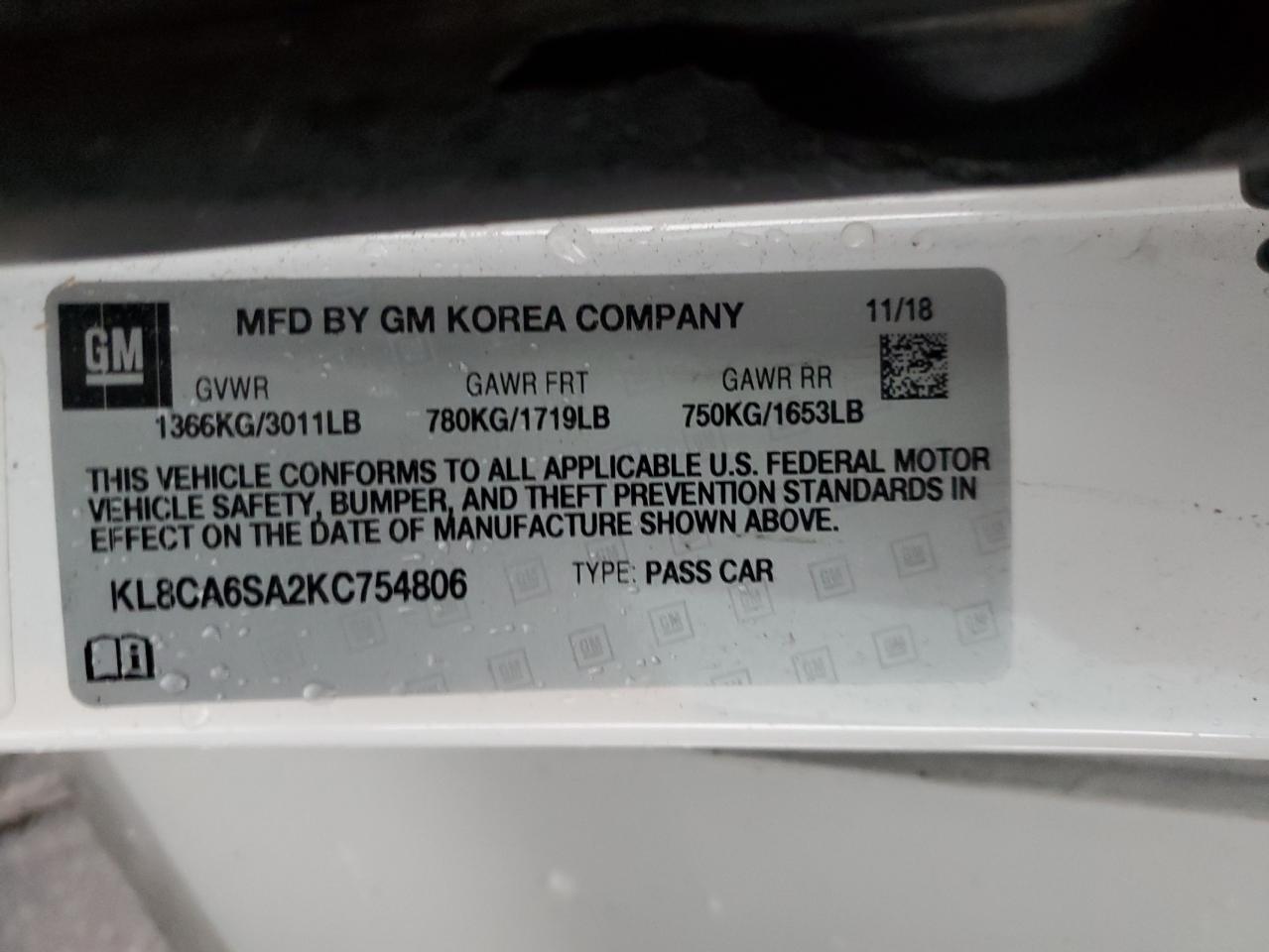 2019 Chevrolet Spark Ls VIN: KL8CA6SA2KC754806 Lot: 93846375