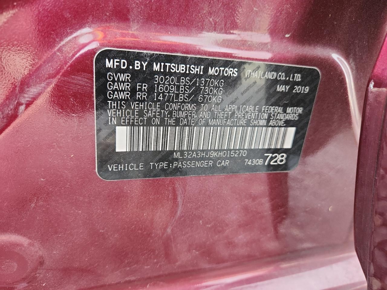 2019 Mitsubishi Mirage Es VIN: ML32A3HJ9KH015270 Lot: 91929075