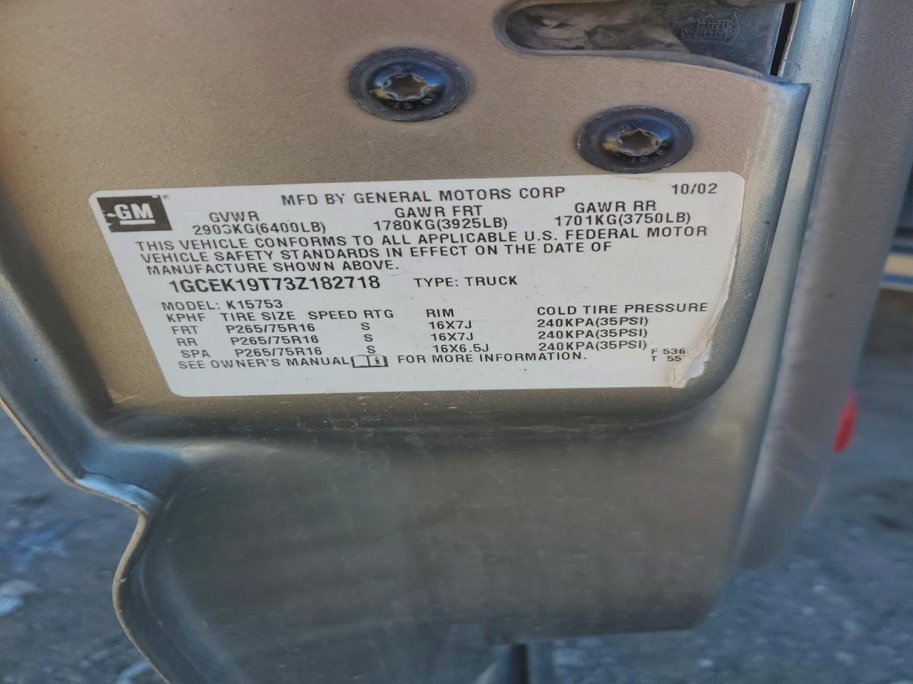 2003 Chevrolet Silverado K1500 VIN: 1GCEK19T73Z182718 Lot: 93471135