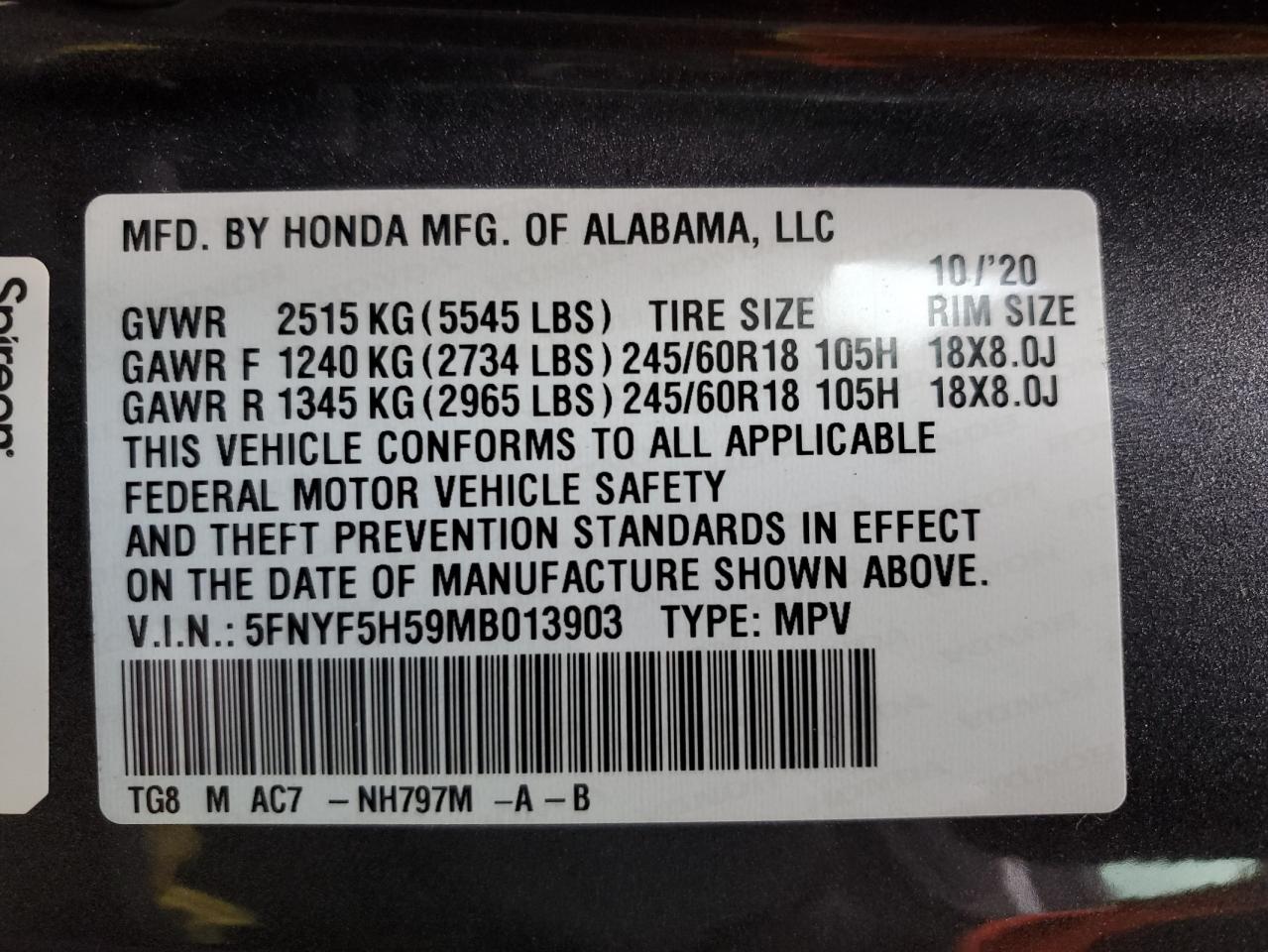 2021 Honda Pilot Exl VIN: 5FNYF5H59MB013903 Lot: 93374905
