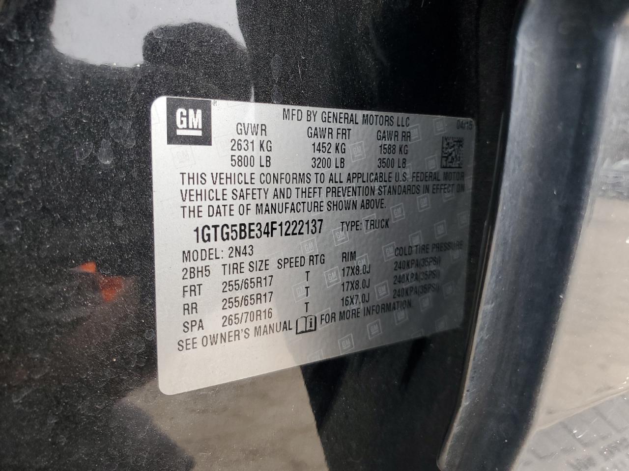 2015 GMC Canyon Sle VIN: 1GTG5BE34F1222137 Lot: 93271265